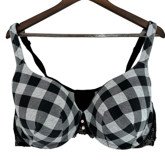 CACIQUE T-Shirt Bra 44D Black White Plaid Lace Full Coverage Supportive Padded - Picture 1 of 10